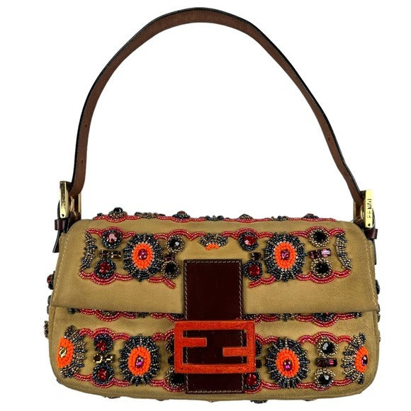 Fendi Suede Multi Rhinestone Beaded Pony Fur Leather Baguette Flap Purse