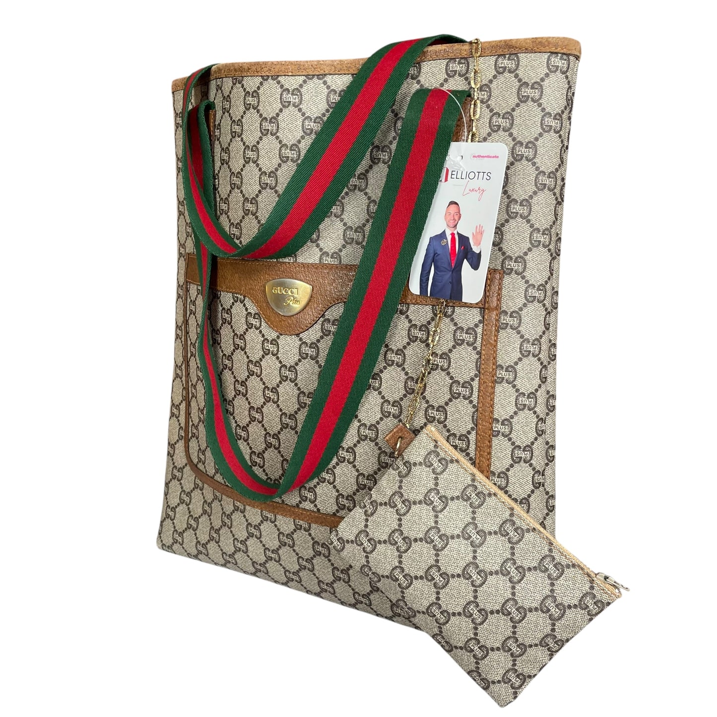 Gucci Plus GG Leather & Canvas Sherry Line Tote w/Mini Gucci Plus Zip. Pouch