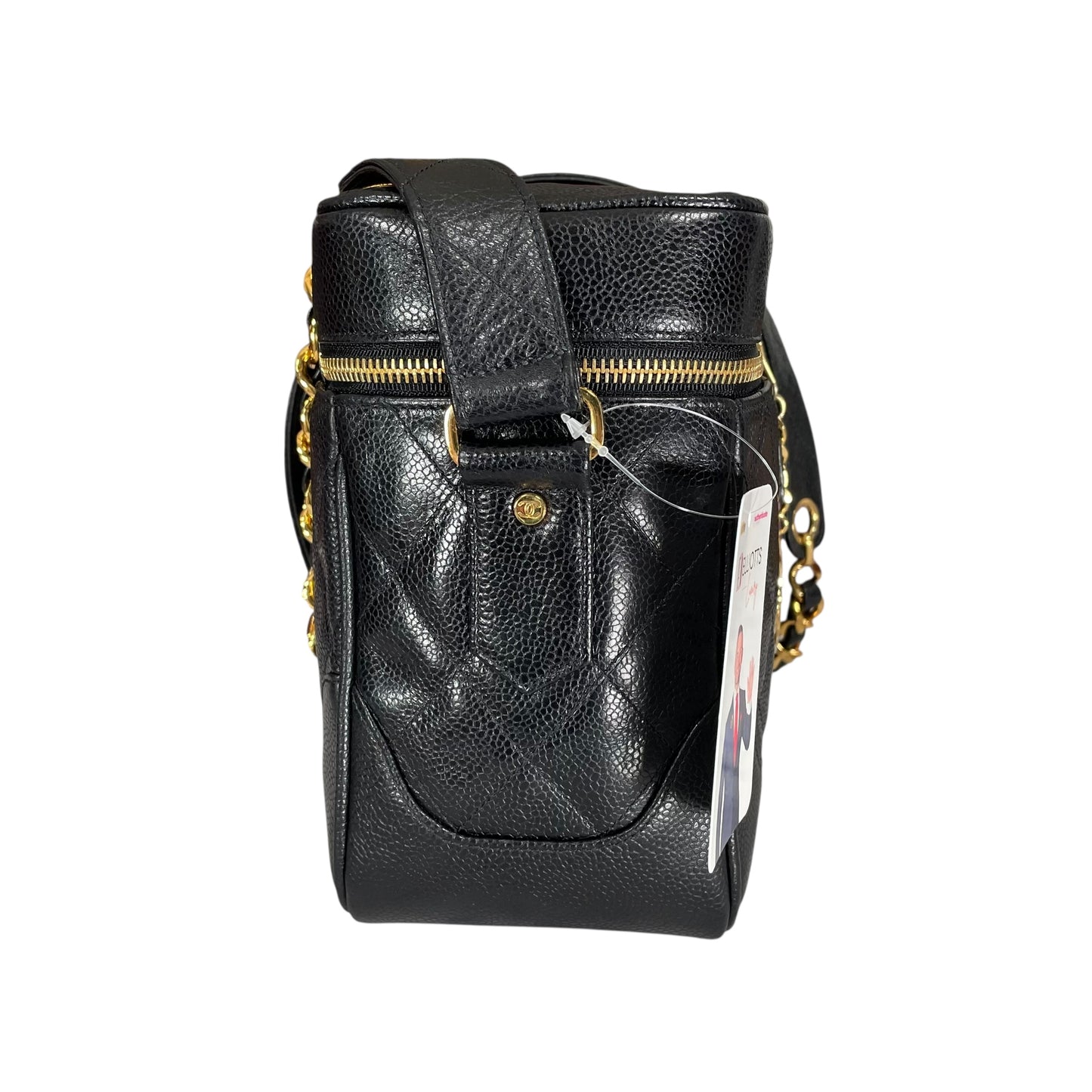 Chanel CC Cosmetic Camera Tolietry Vanity Caviar Black Leather 24K Plated 2 Way Purse