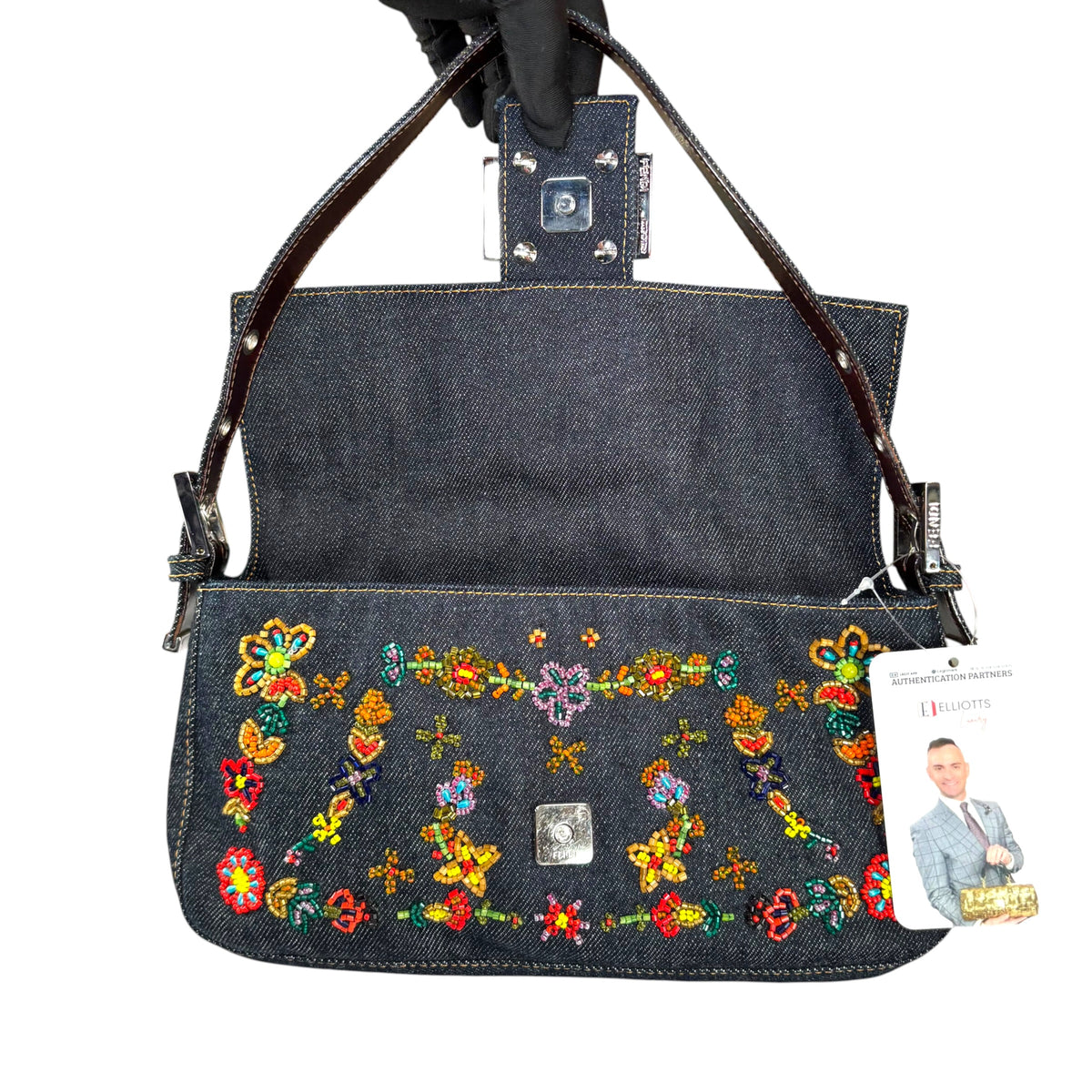 Fendi Y2K Denim Classic Floral Beaded Baguette Shoulder Purse