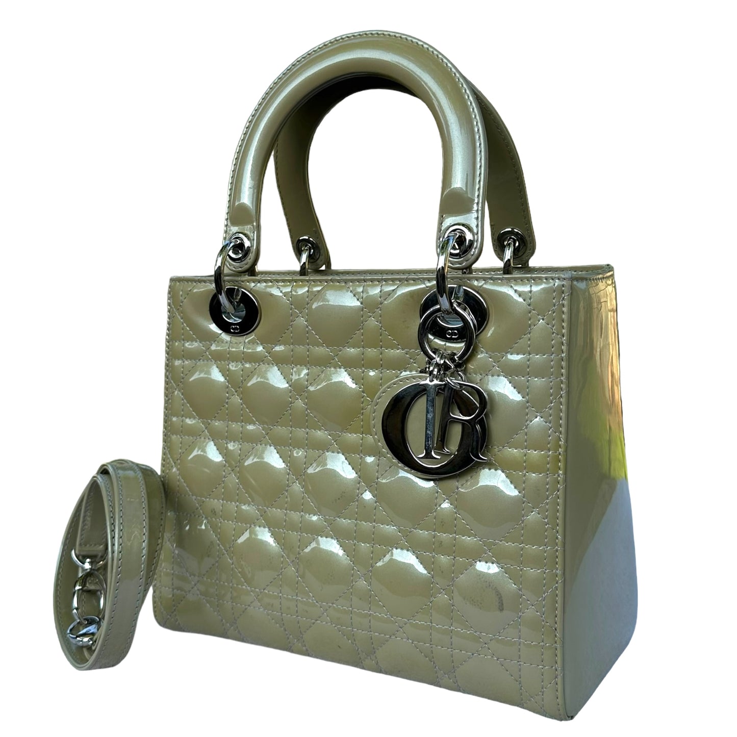 Christian Dior Lady Green Pearl Silver Cannage Patent Leather Zip Two-Way Purse