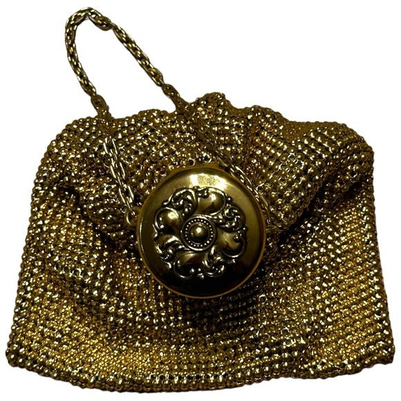 Whiting Davis Gold Expandable Metal Round Push Lock Closure Mini Clutch Purse