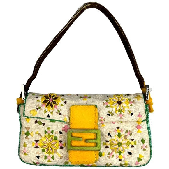 Fendi Mustard Pastel Cavnas Beaded Cow Brown Pony Hair Baguette Shoulder Purse