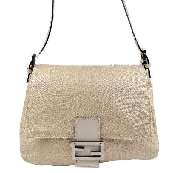 Fendi Mama Baguette Micro Woven Canvas White Strap Leather Logo
