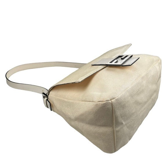 Fendi Mama Baguette Micro Woven Canvas White Strap Leather Logo