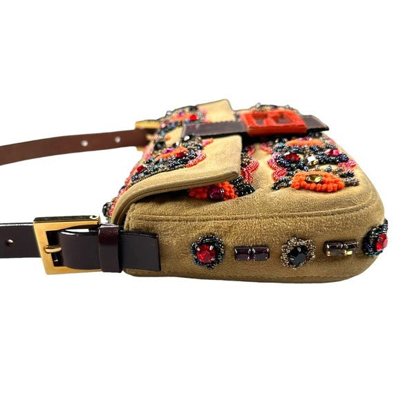 Fendi Suede Multi Rhinestone Beaded Pony Fur Leather Baguette Flap Purse