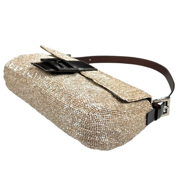 Fendi Champagne Beaded Baguette Brown Leather Strap Shoulder Purse