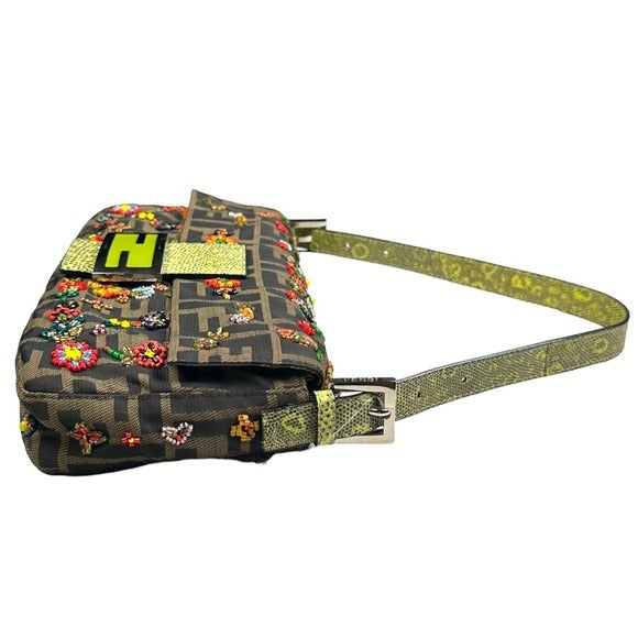 Fendi Zucca Baguette Lime Python Beaded Multi Floral Metallic Flap Purse