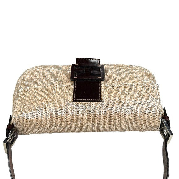 Fendi Champagne Beaded Baguette Brown Leather Strap Shoulder Purse