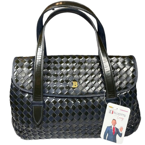 Bally Navy Blue Leather Flap Black Patent Leather Woven Satchel Purse Handbag