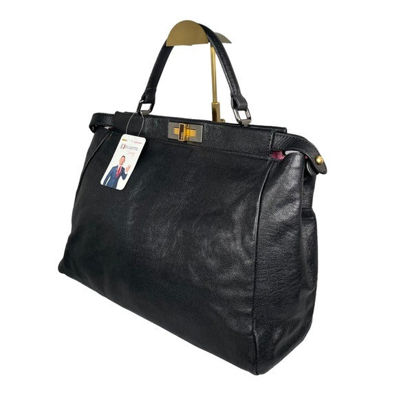Fendi Black Leather Large Peek-A-Boo Exotic Turn-Key Top Handle Purse To…