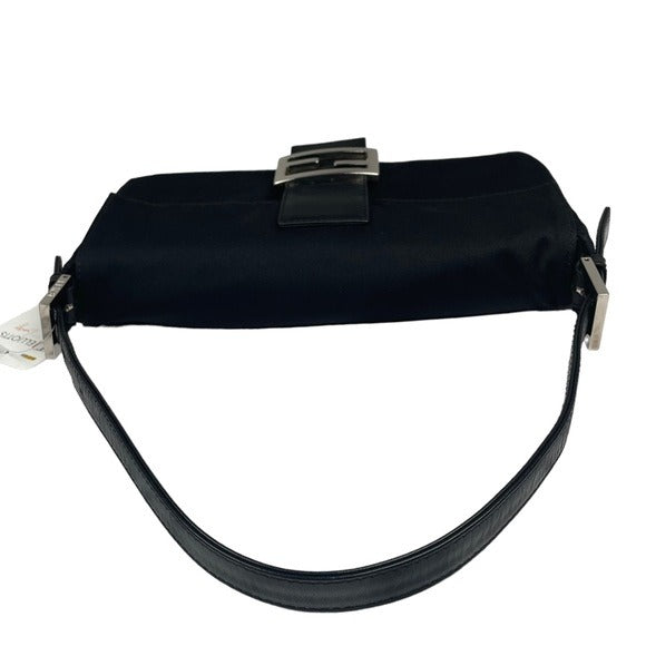 Fendi Black Satin Silver FF Baguette Flap Bag Purse Shoulder Leather Snap Clutch