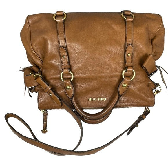Miu Miu XL Crossbody Satchel Brown Brushed Gold Leather Bow Side Purse Hobo Bag