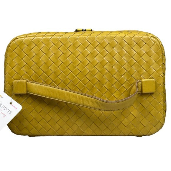 Bottega Veneta Woven Lime Cosmetic Travel Top Handle Mirrored Leather Trunk Bag