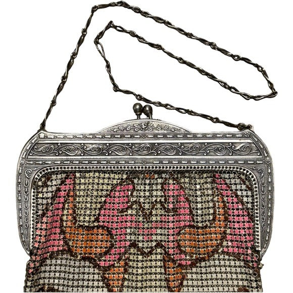 Whiting & Davis Med. Sterling Metal Mesh Plate Pink Orange Abstract Clutch Purse