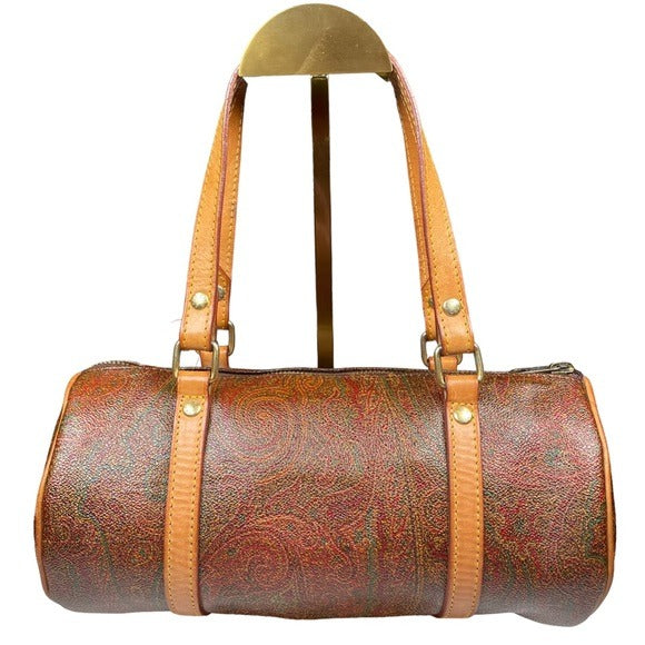 Etro Paisley Canvas Natural Leather Barrel Round Shoulder Bag Purse 10” x 4.5”