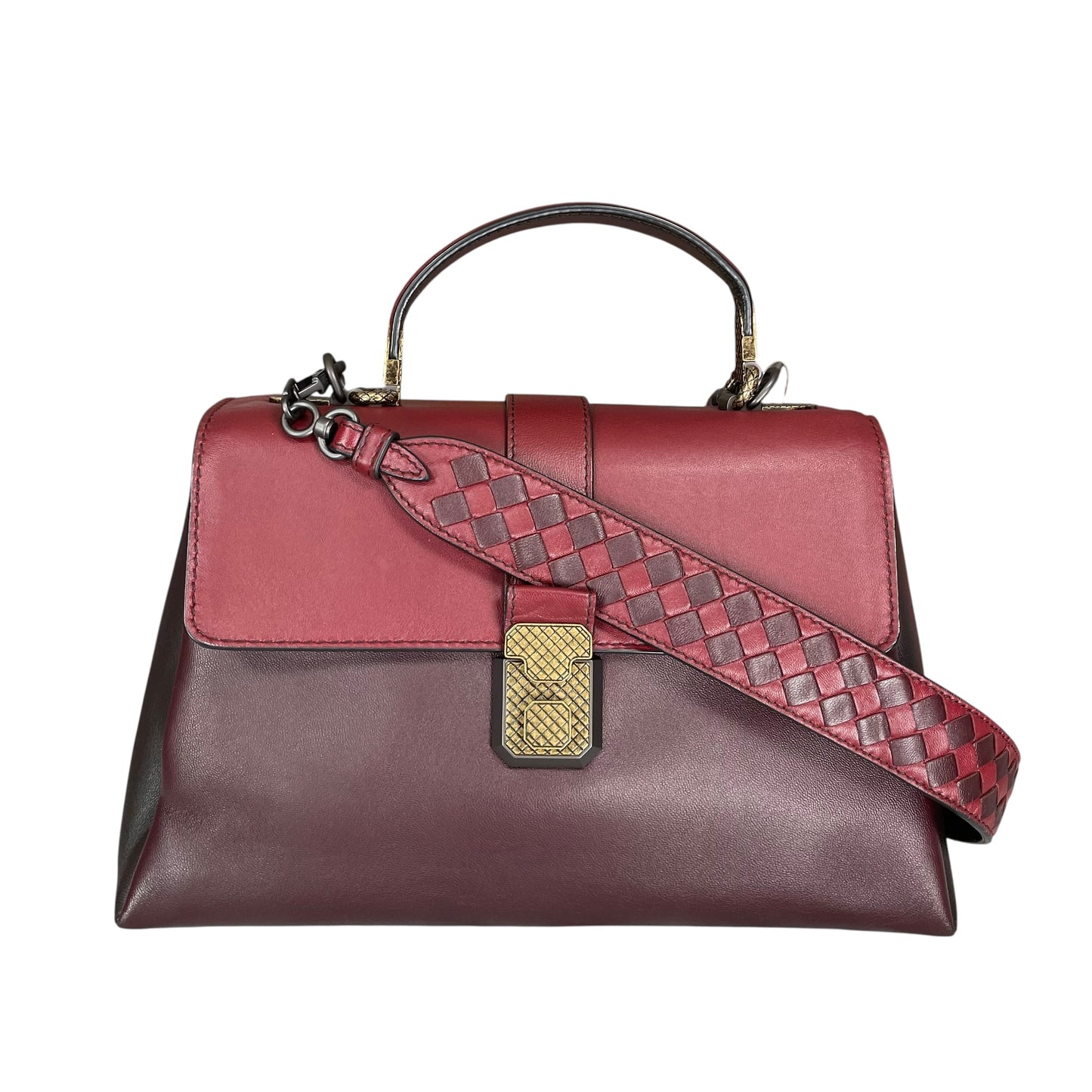 Bottega Veneta Piazza Tri-Color Leather Medium Top Handle Woven Strap Crossbody Purse