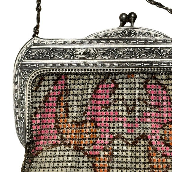 Whiting & Davis Med. Sterling Metal Mesh Plate Pink Orange Abstract Clutch Purse