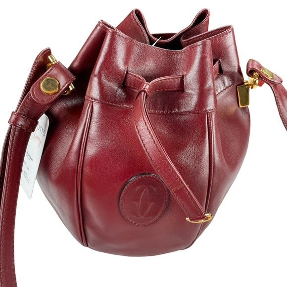 Cartier Burgundy Leather Medium Bucket Drawstring Crossbody Adjustable Purse