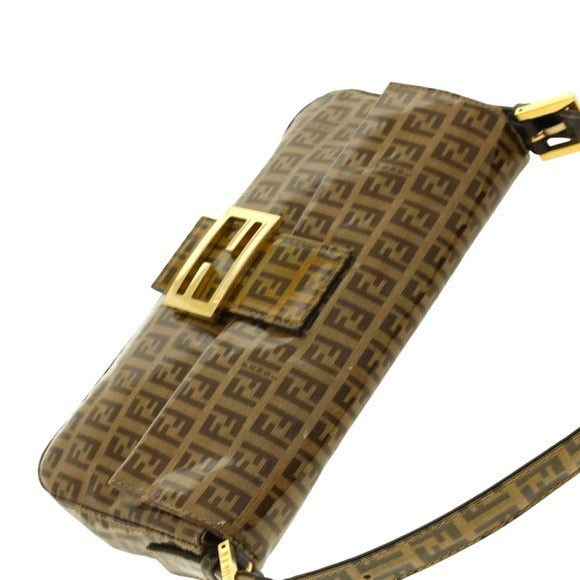 Fendi Zucchino Coated Canvas Baguette Shoulder Leather Strap Bag Beige Purse