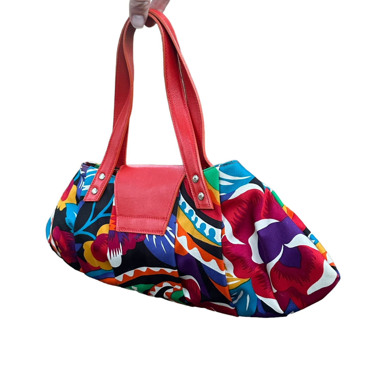 Etro Floral Canvas Fabric Multi Color Leather East West Shoulder Purse