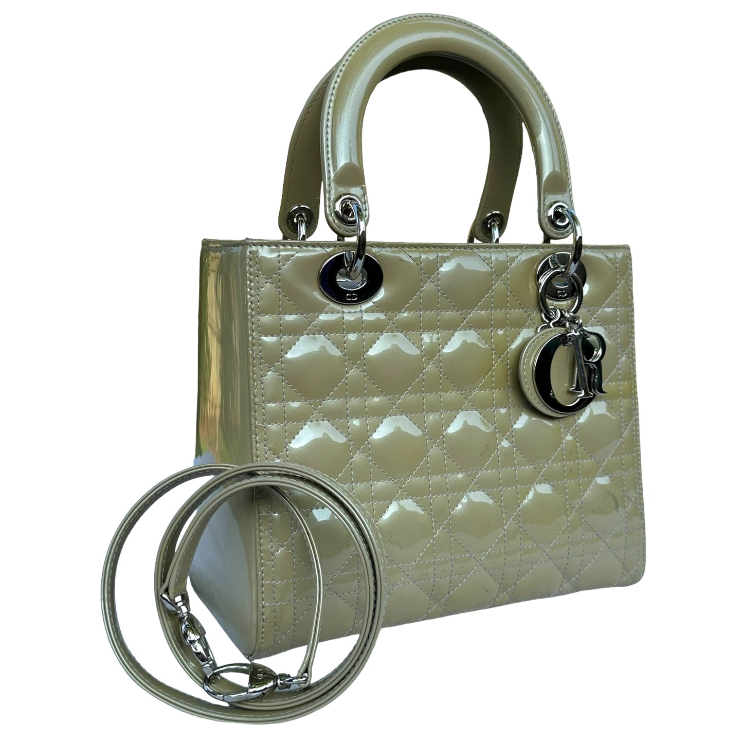 Christian Dior Lady Green Pearl Silver Cannage Patent Leather Zip Two-Way Purse