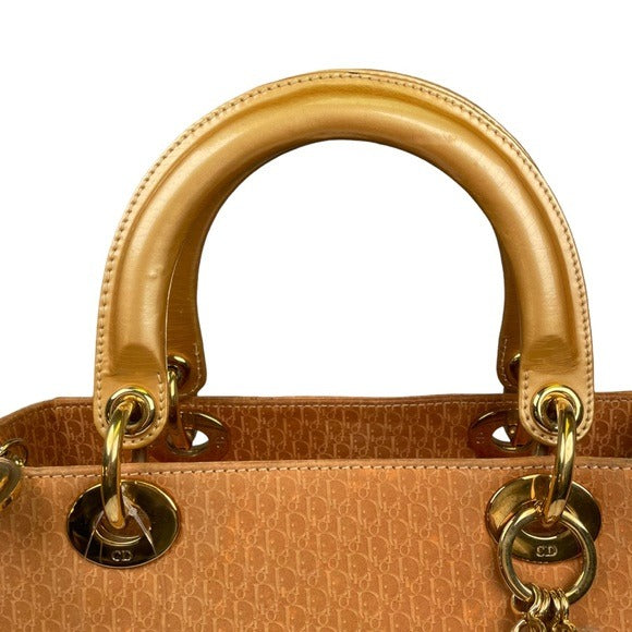 Christian Dior Lady Monogram Suede Tan Golden Handle Enamel Leather Top Handle