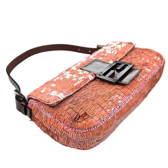 Fendi Pink Coral Iridescent Sequin Baguette Flap Brown Leather Shoulder Bag