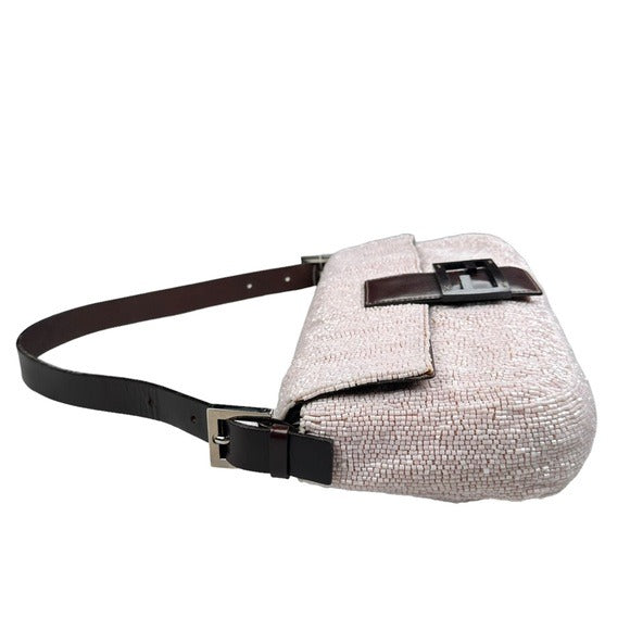 Fendi Baguette Pink Beaded Flap Silver Brown Leather Shoulder Purse