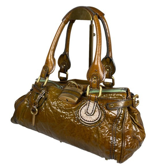 Chloe Bronze Blue Stitch Patent Leather Large Paddington Lock Shoulder Bag Tote