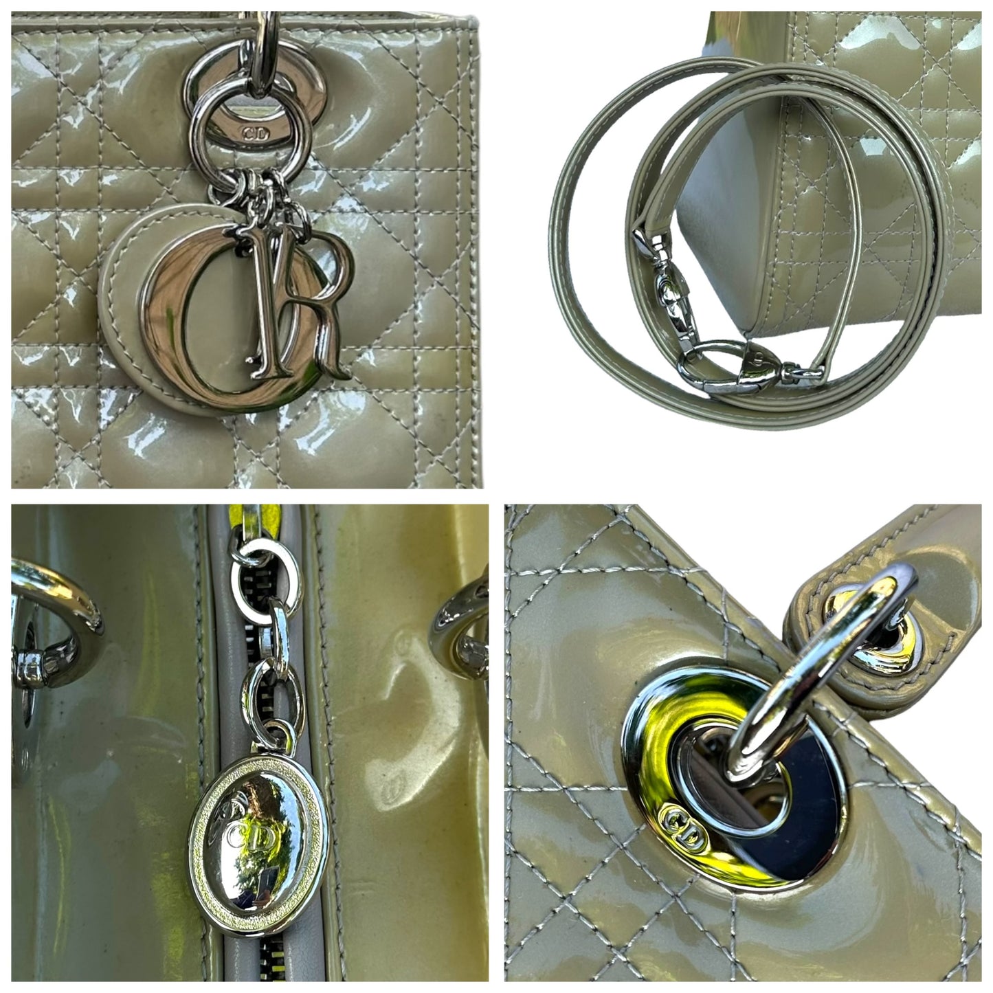 Christian Dior Lady Green Pearl Silver Cannage Patent Leather Zip Two-Way Purse