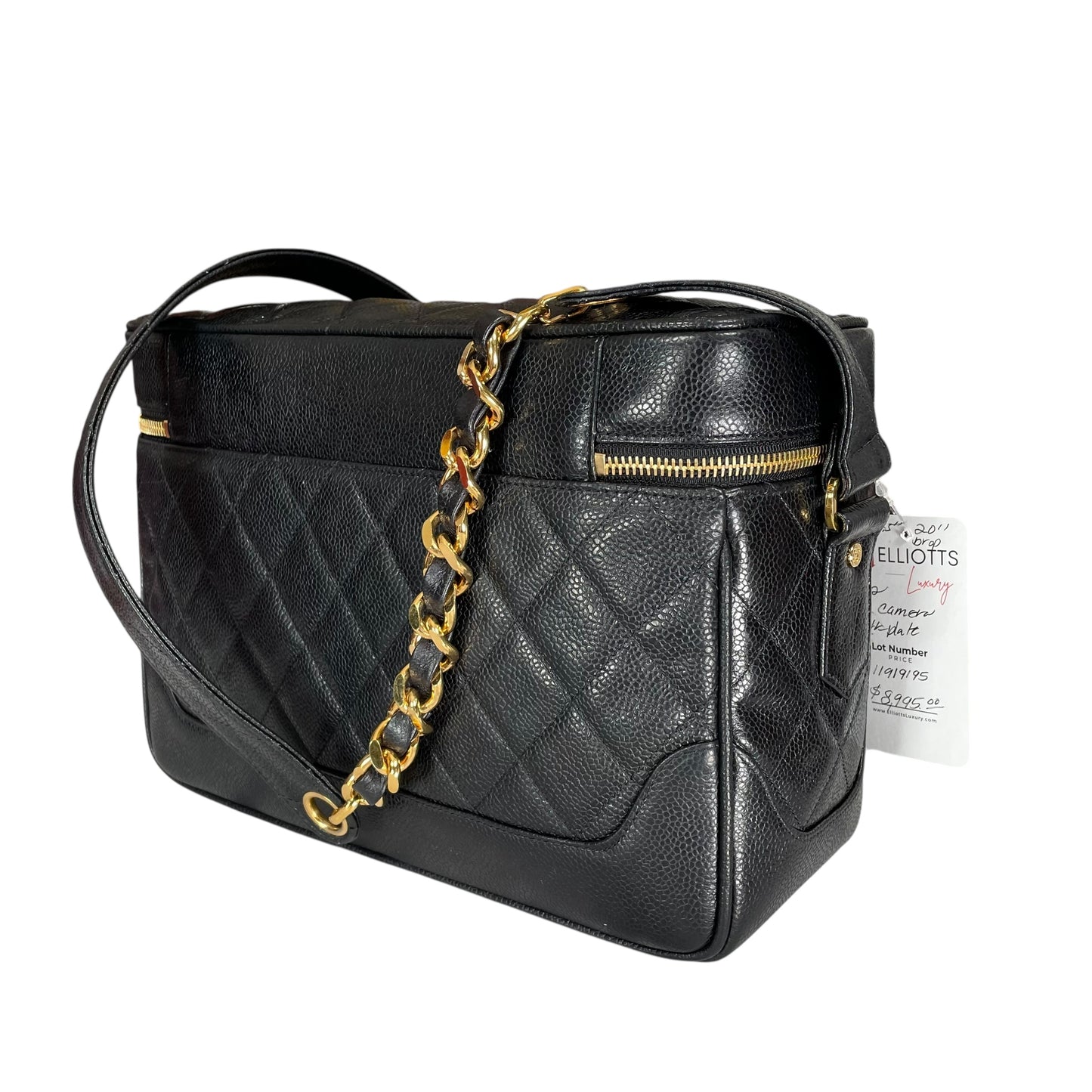 Chanel CC Cosmetic Camera Tolietry Vanity Caviar Black Leather 24K Plated 2 Way Purse