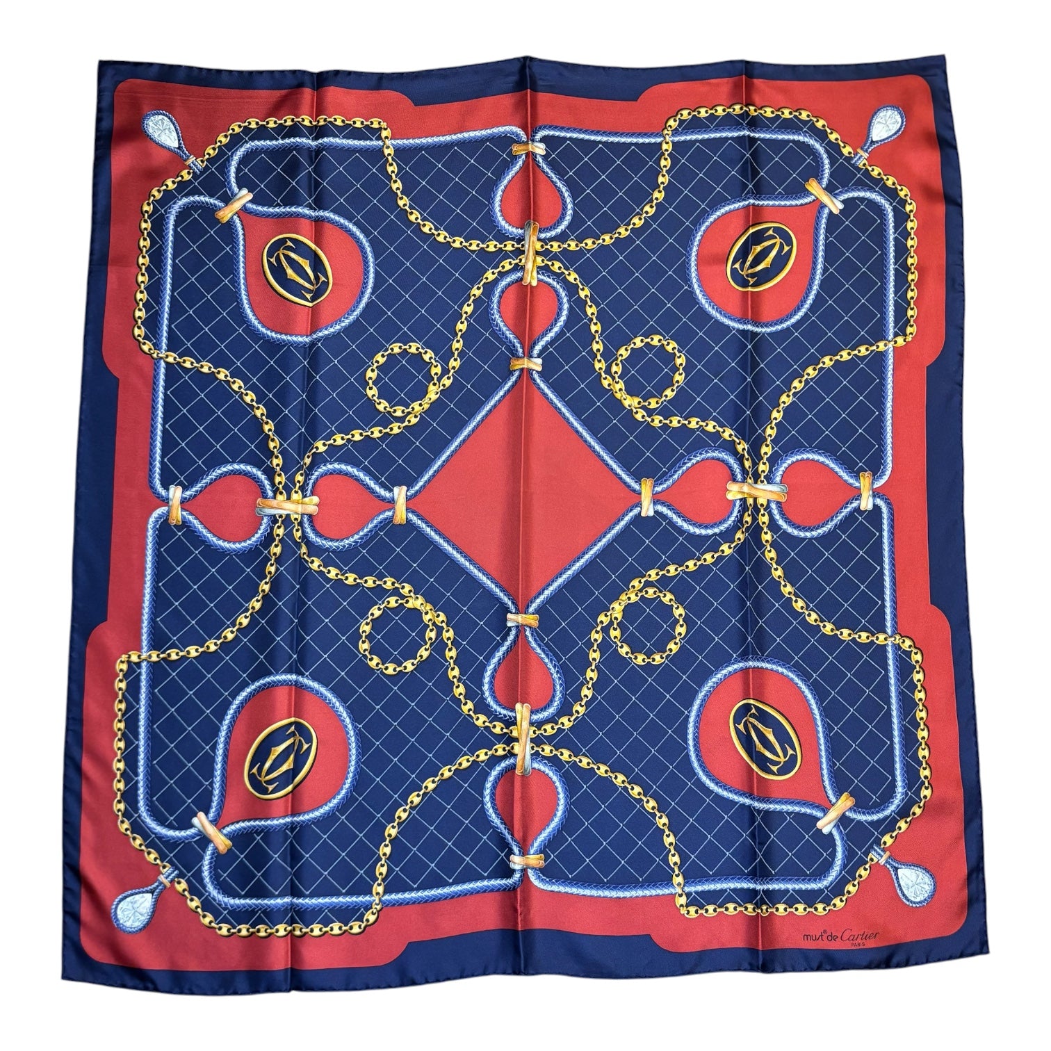 must de Cartier スカーフ ビーズデザイン Cartier Must de Cartier Silk Scarf 33” x 33” Chain & Pear Diamond