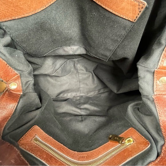 Chloe XL Ethel Two Tone Patent Leather Brown Black Zippy Oval Handbag Tote Purse