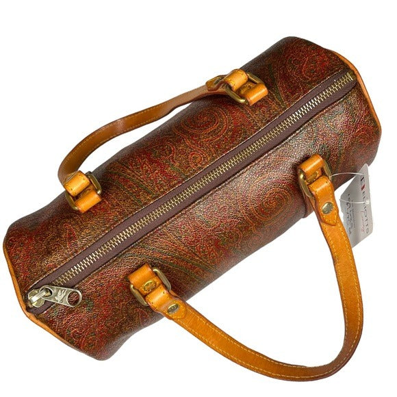 Etro Paisley Canvas Natural Leather Barrel Round Shoulder Bag Purse 10” x 4.5”