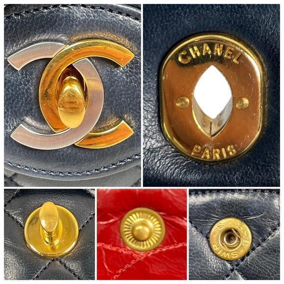Chanel CC Navy Blue Limited Double Two-Tone Flap Quilted Lambskin Shoulder Purse