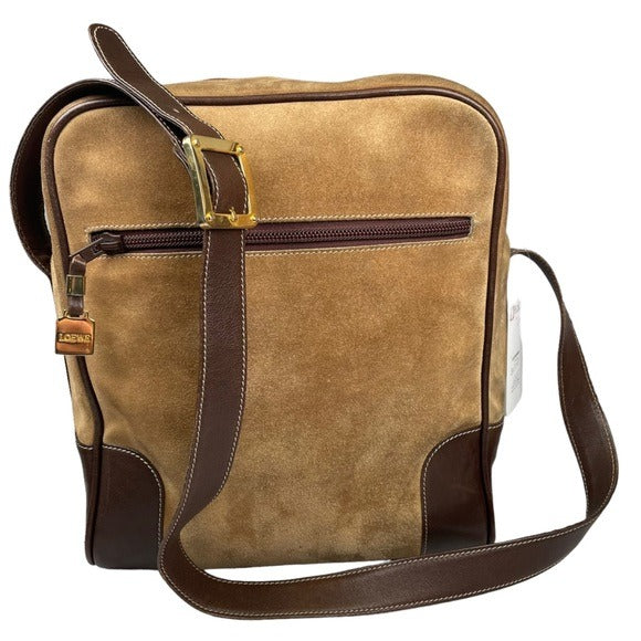 Loewe Leather Suede Brown Tan Zip Crossbody Everyday Casual Travel Bag Purse