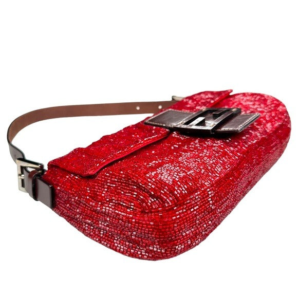 Fendi Red Metallic Baguette Beaded Brown Leather Strap Shoulder Flap Bag