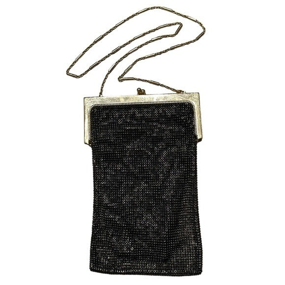 Whiting & Davis Black Gold Shoulder Metal Mesh Kiss-Lock Hollywood Regency Purse