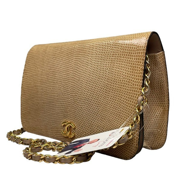 Chanel CC Exotic Lizard Single Flap 24K Plated Lambskin Snap Closure Purse Bag