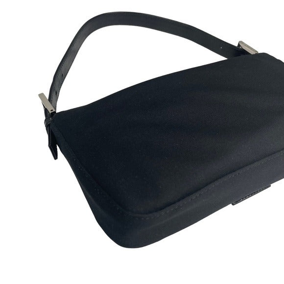 Fendi Black Satin Silver FF Baguette Flap Bag Purse Shoulder Leather Snap Clutch