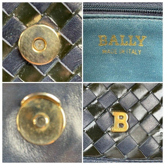 Bally Navy Blue Leather Flap Black Patent Leather Woven Satchel Purse Handbag