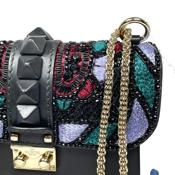 Valentino Garavani Beaded Rock Studded Chain Black Leather Multi Cross Bod Minu Bag