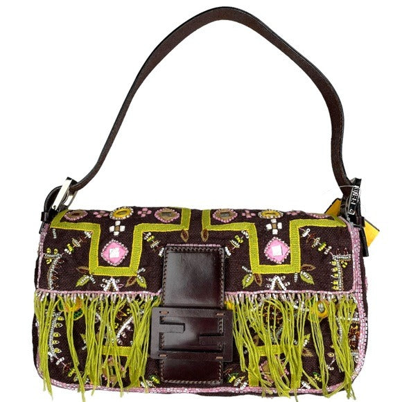 Fendi Brown Canvas Mirrored Beaded Fringe Leather Baguette Shoulder Purse