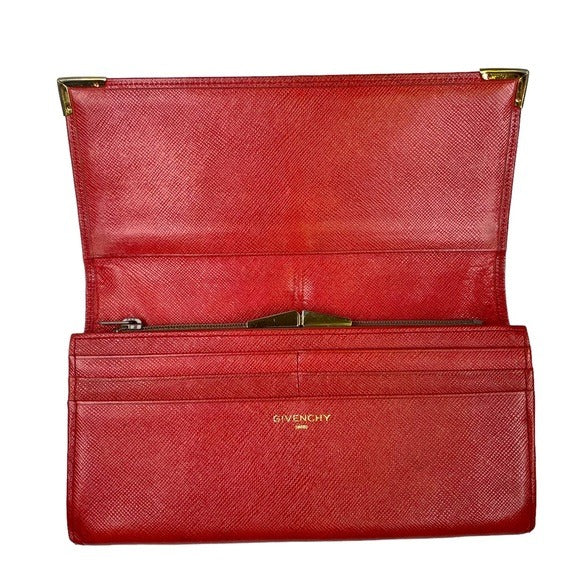Givenchy Taiga Leather Paprika Red Long Metal Corner Flap Kiss Lock Wallet