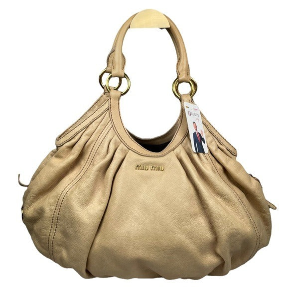 Miu Miu Basket Hobo Leather Gathered XL Ivory Creme Gold Shoulder Purse Bag Tote