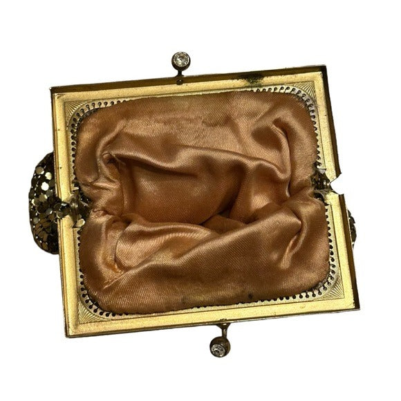 Whiting & Davis Mini Gold Metal Mesh Frame Rhinestone Kiss-Lock Coin Card Clutch