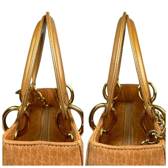 Christian Dior Lady Monogram Suede Tan Golden Handle Enamel Leather Top Handle