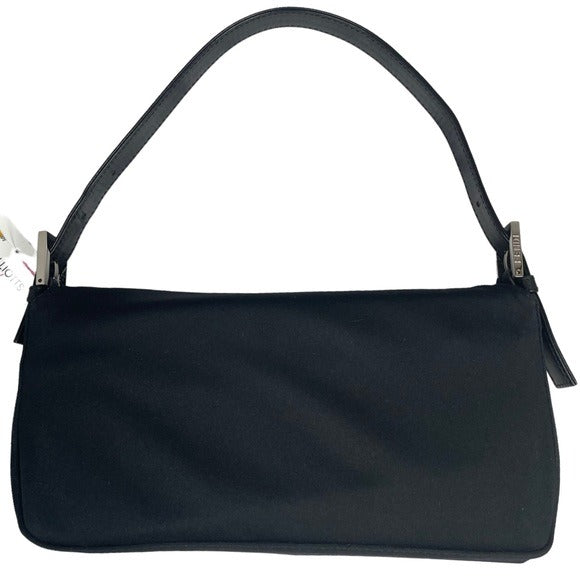 Fendi Black Satin Silver FF Baguette Flap Bag Purse Shoulder Leather Snap Clutch