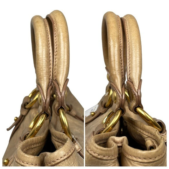 Miu Miu Golden Wheat Leather Crossbody Satchel Purse Snap Zip Blush Satin Bag
